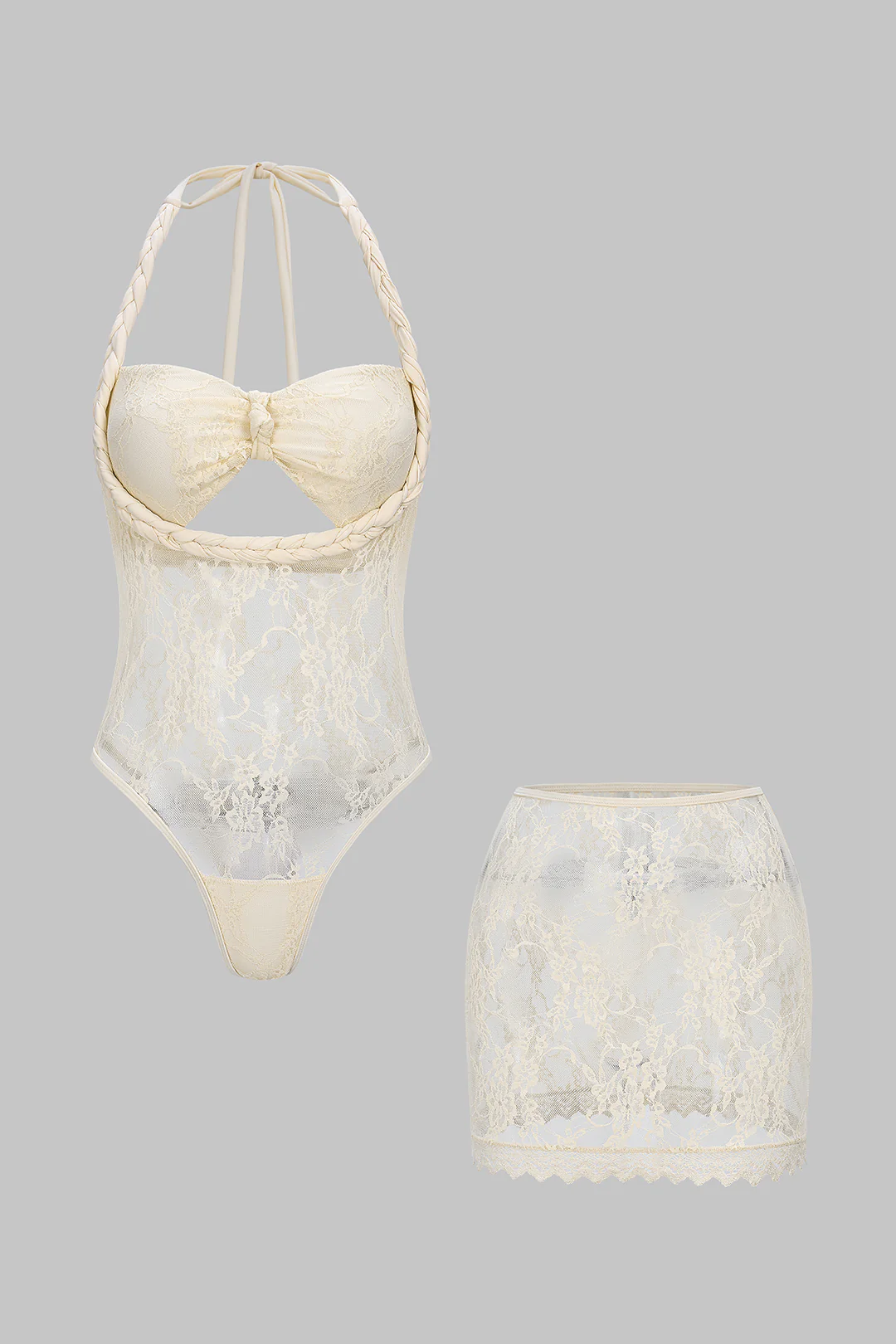 Sheer Lace Braided Halter Tie-Up Cut Out Bodysuit And Skirt Set - Weenar