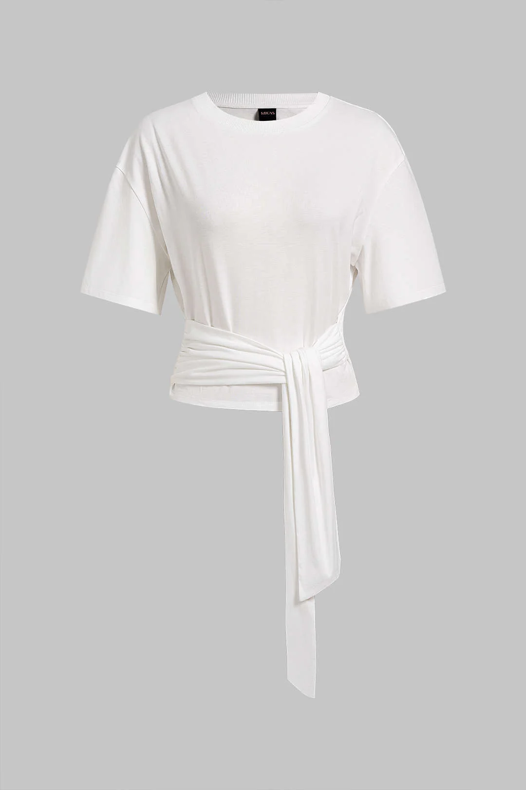 Round Neck Ruched Knotted Short Sleeve T-Shirt - Weenar