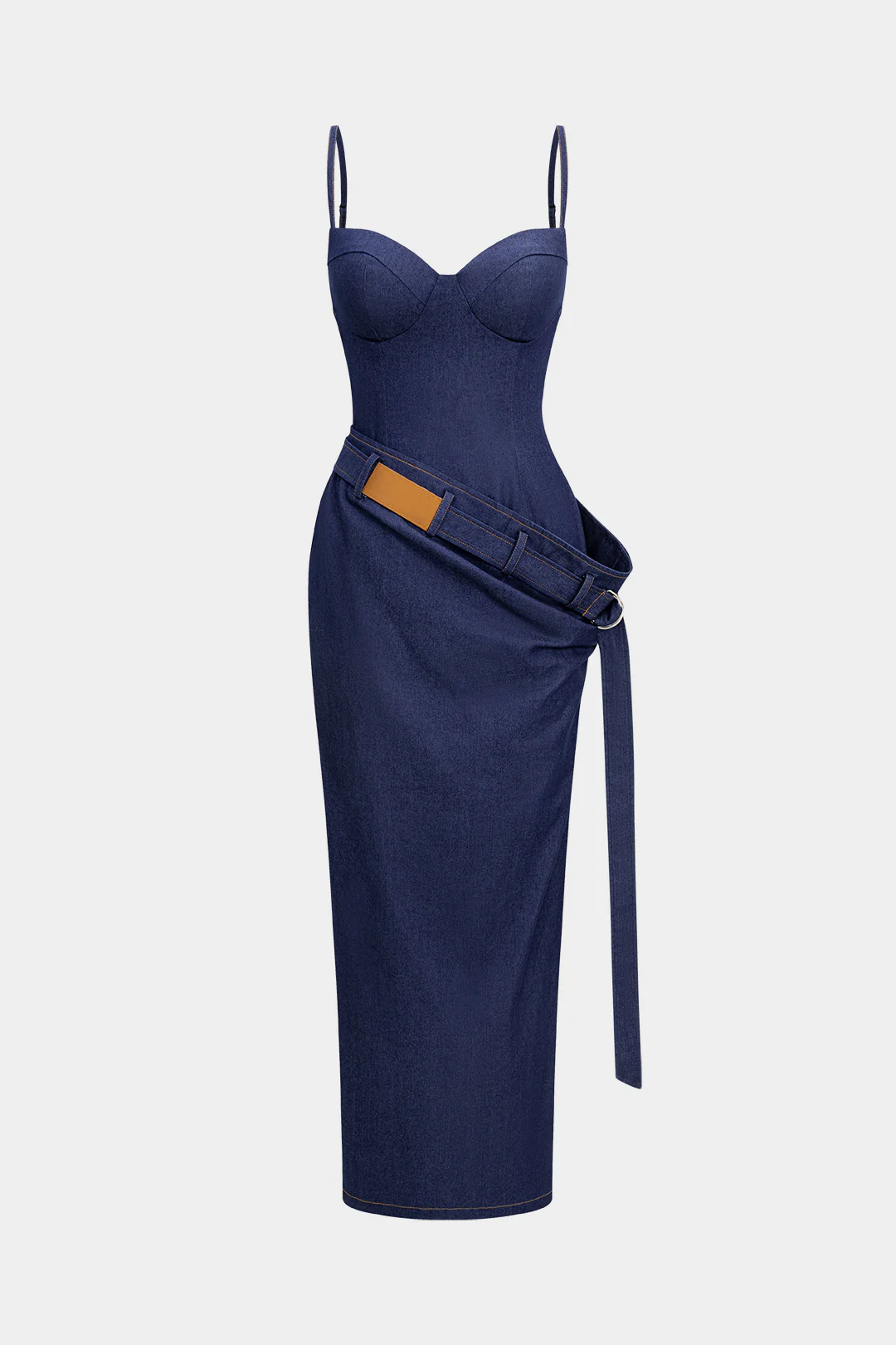 Denim Asymmetrical Ruched Bustier Belted Zipper Maxi Dress - Weenar