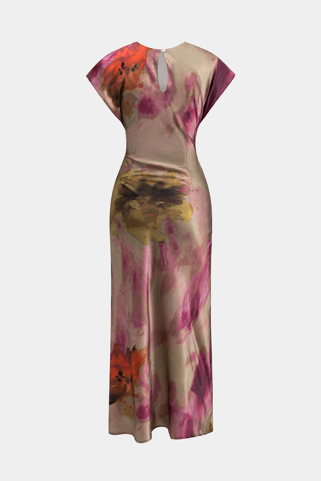 Tie Dye Ruched Cut Out Button Twist Knot Midi Dress - Weenar