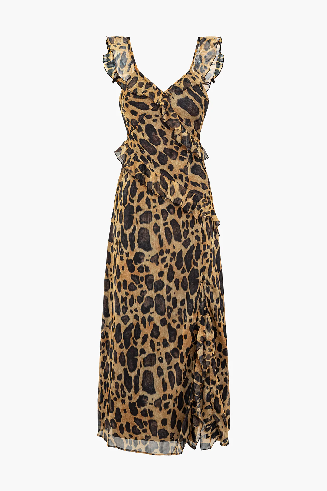 Chiffon Leopard Print Ruffle Sleeveless Midi Dress - Weenar