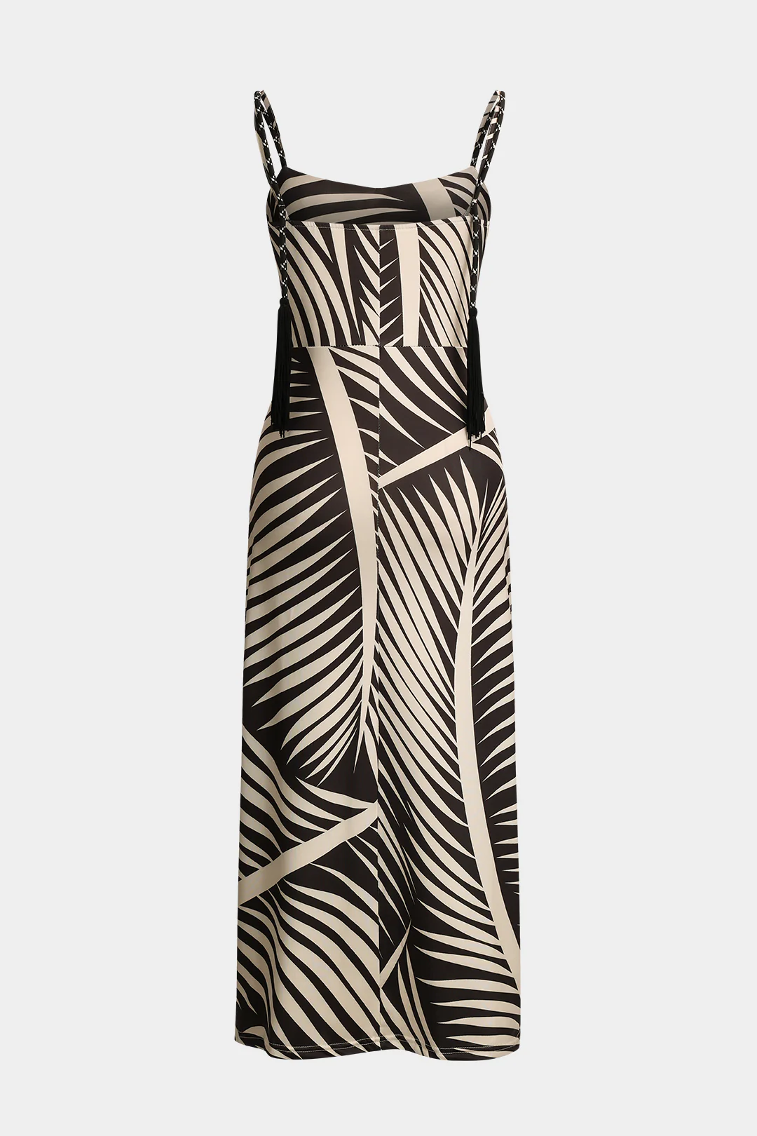 Stripes Palm Leaf Print Slit Hollow Out Sleeveless Midi Dress - Weenar