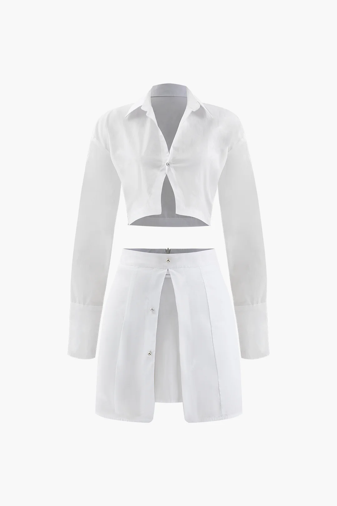 Solid Button Long Sleeve Shirt And Split Skirt Set - Weenar