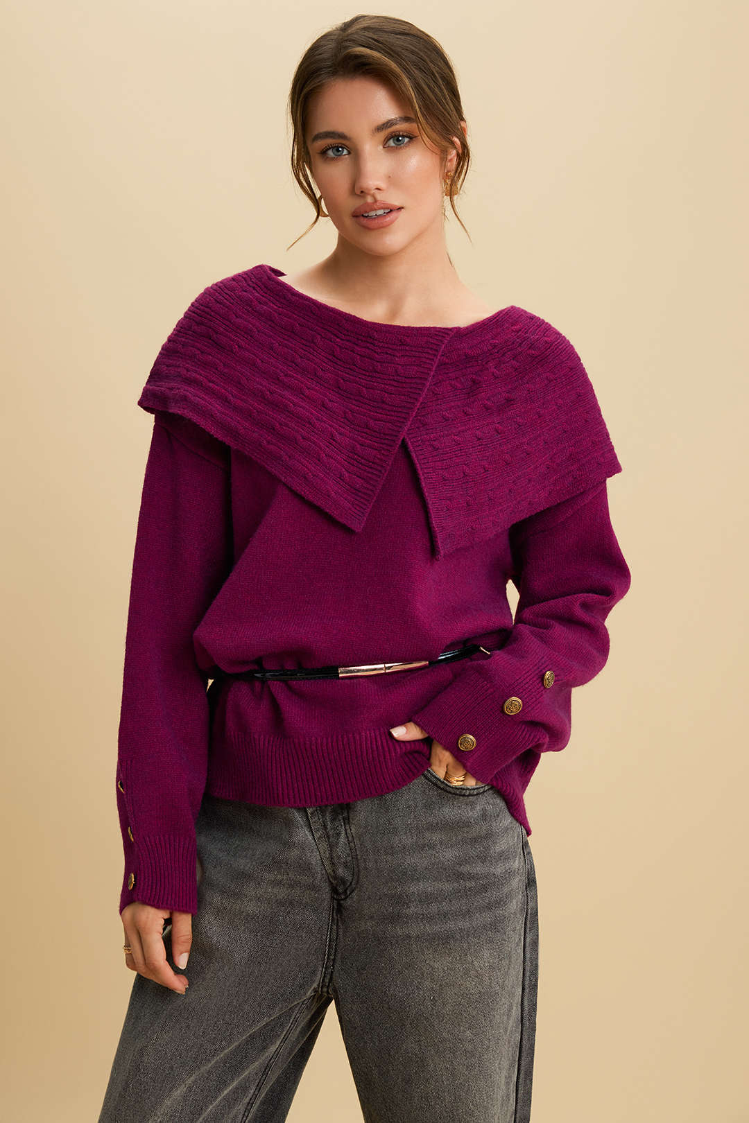 Knit Irregular Lapel Button Long-Sleeve Top - Weenar