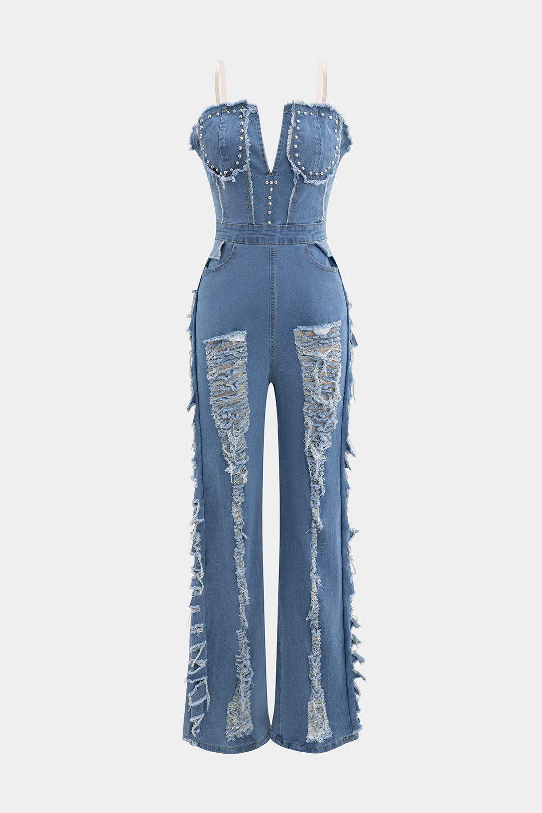 Denim Deep V-Neck Sleeveless Jumpsuit - Weenar