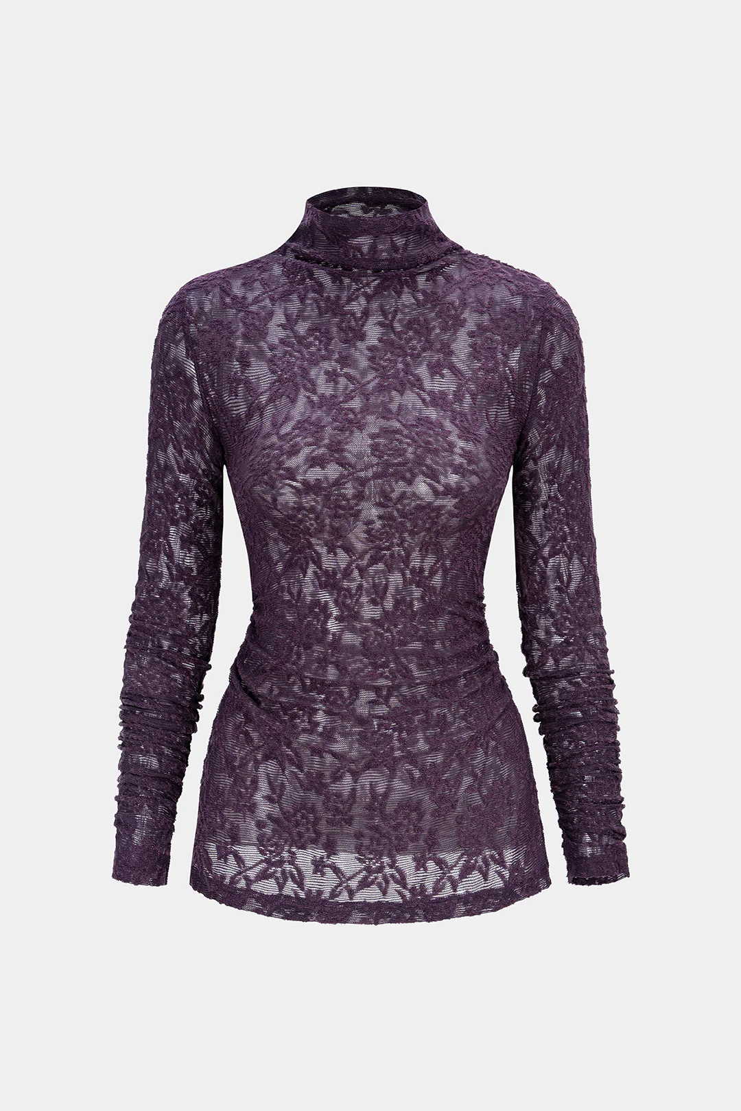Mock Neck Sheer Floral Textured Long-Sleeve Top - Weenar