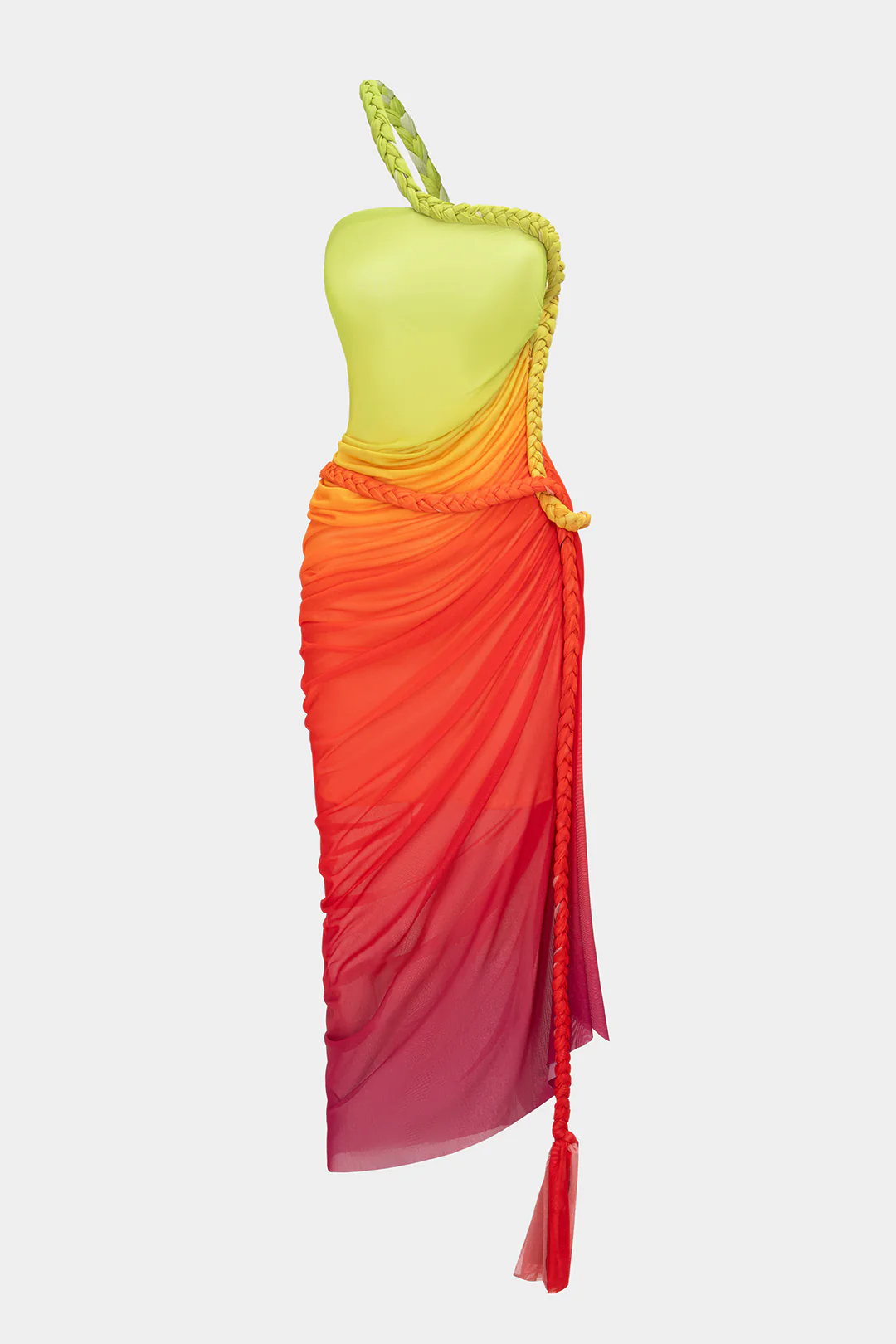 Ombre Print Mesh Braided Slit Sleeveless Midi Dress - Weenar