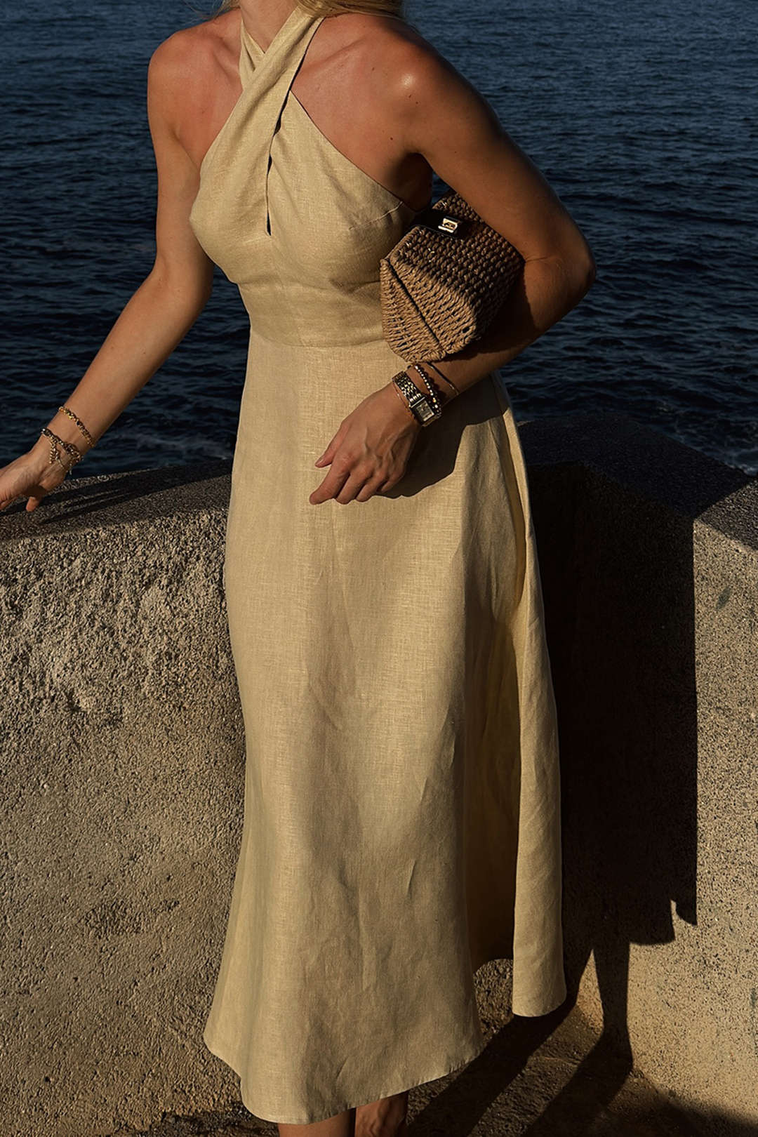 Linen Patchwork Crossed Halter Neck Ruched Sleeveless Midi Dress - Weenar
