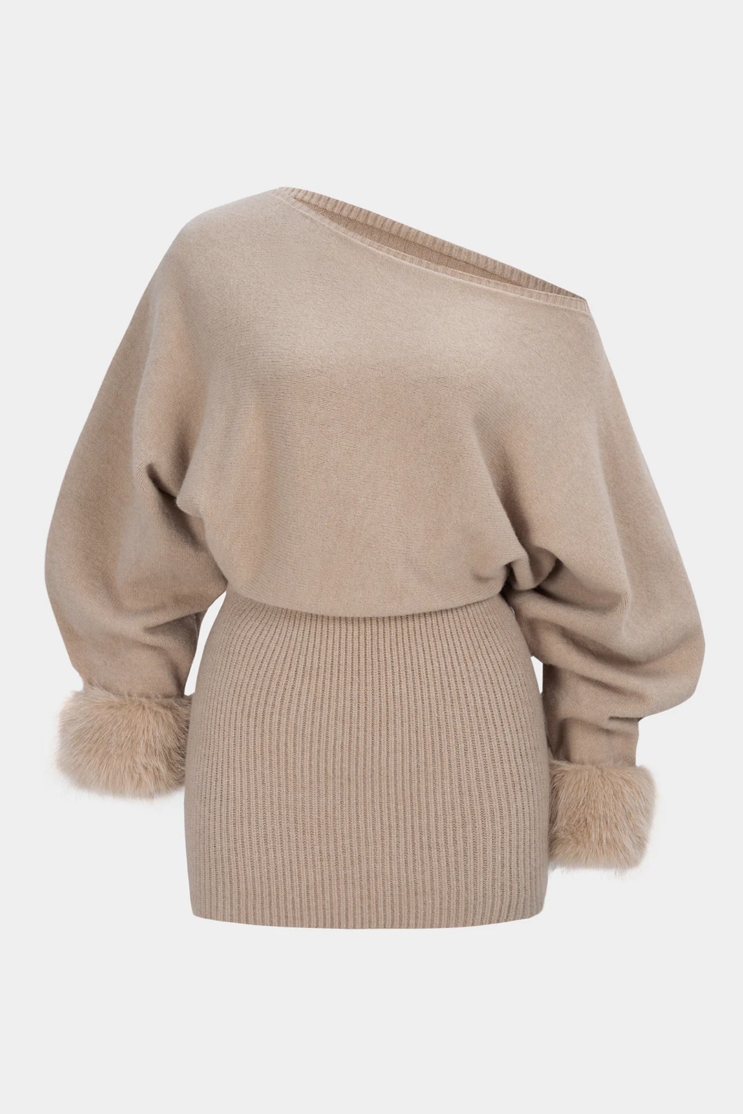 Knit Patchwork Faux Fur One Shoulder Long Sleeve Mini Dress - Weenar
