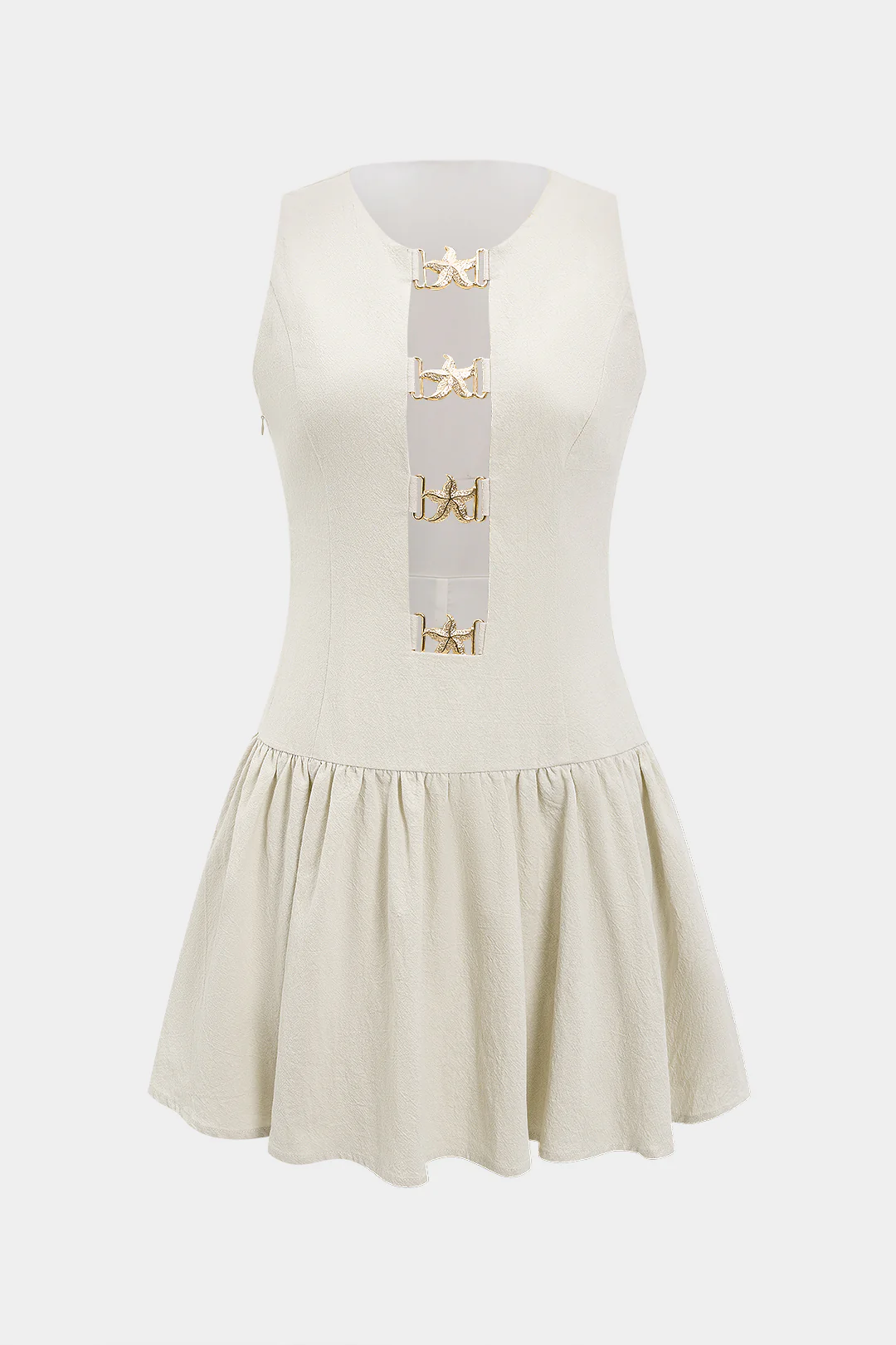Linen Metallic Decor Cut Out Ruched Sleeveless Mini Dress - Weenar