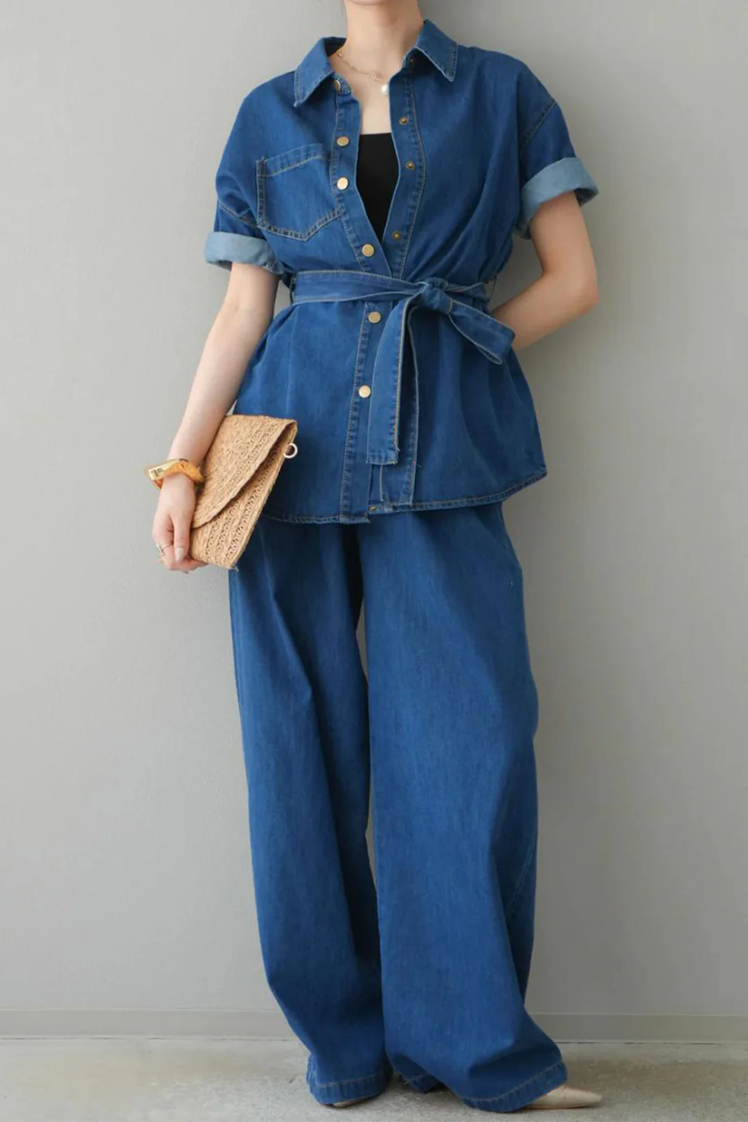 Denim Button Tie Shirt And Jeans Set - Weenar