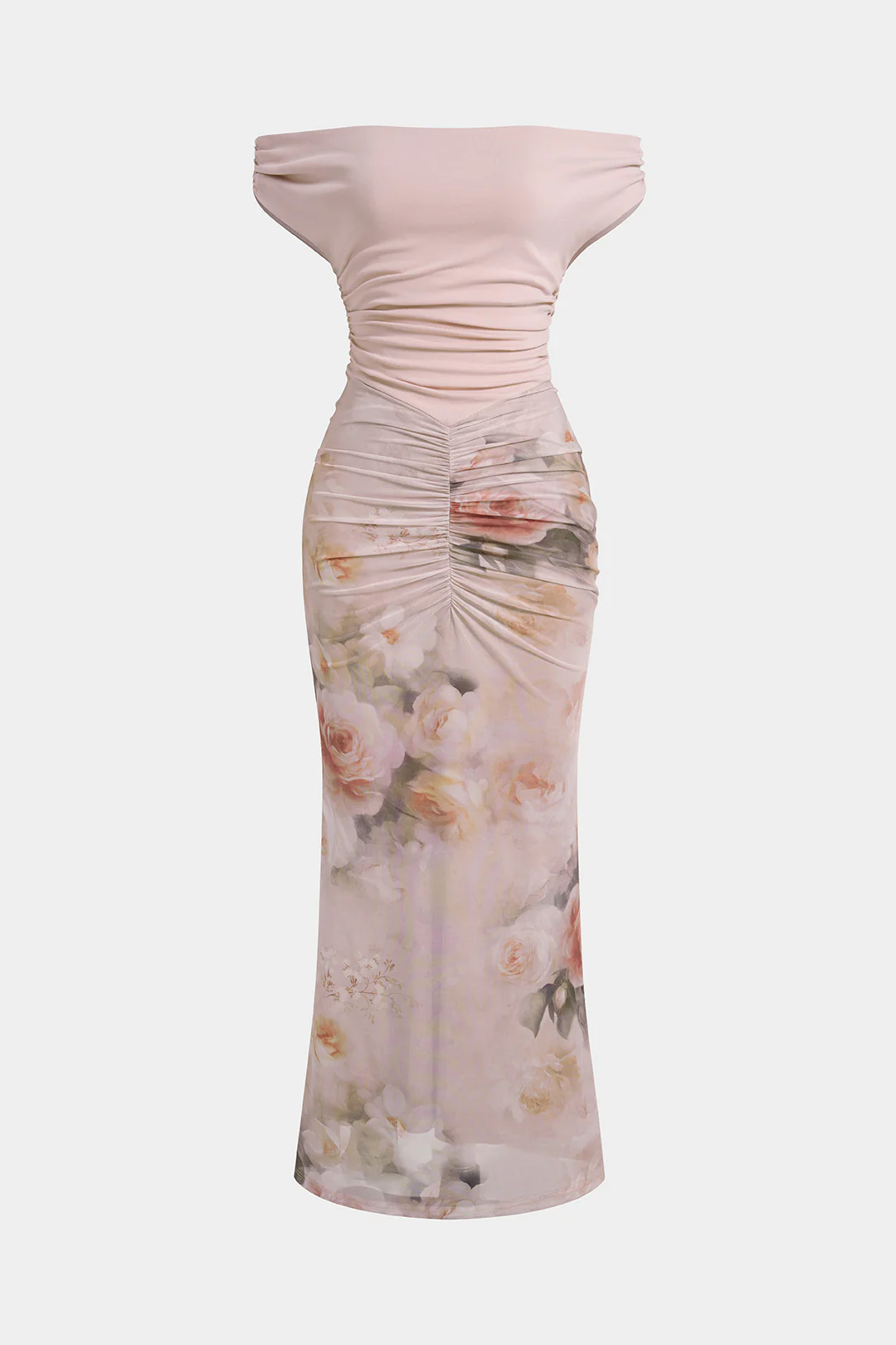 Foral Print Mesh Patchwork Off Shoulder Maxi Dress - Weenar