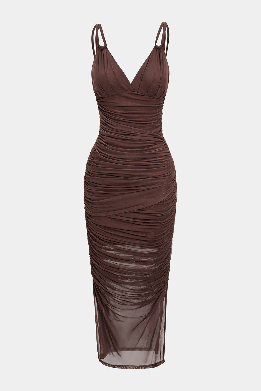 Mesh Ruched Slip V-Neck Sleeveless Maxi Dress - Weenar