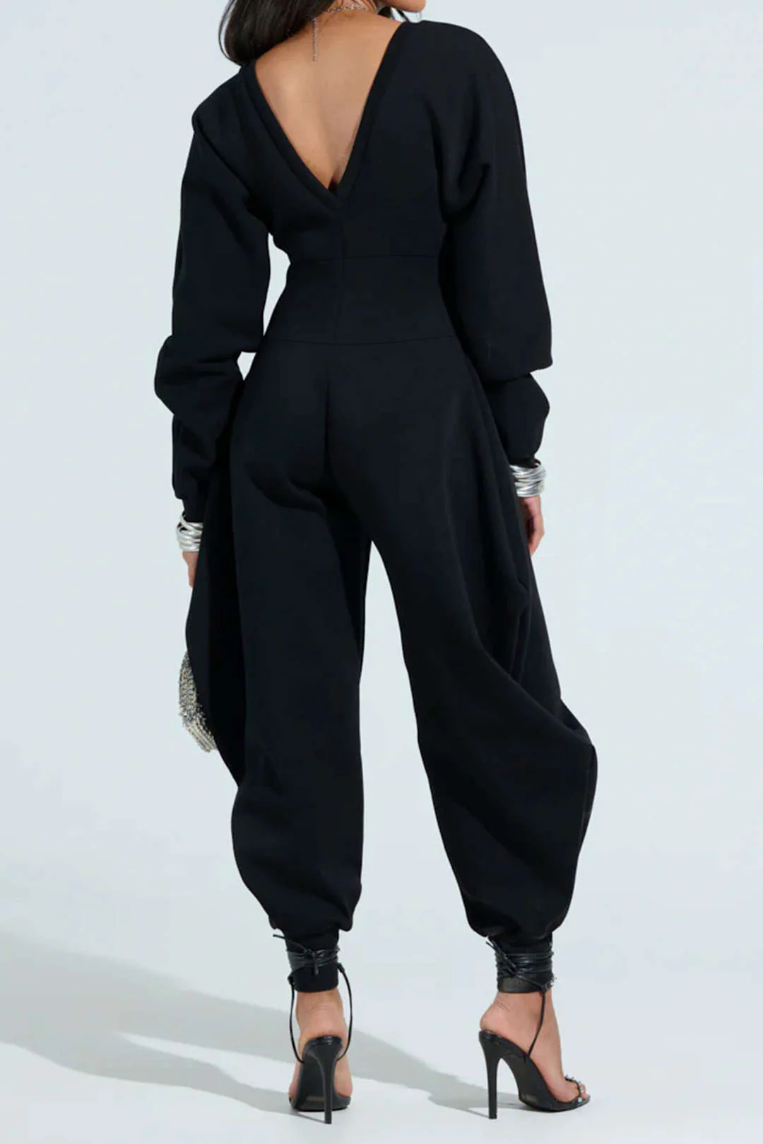 Solid High Waist Long Sleeve Jumpsuit - Weenar