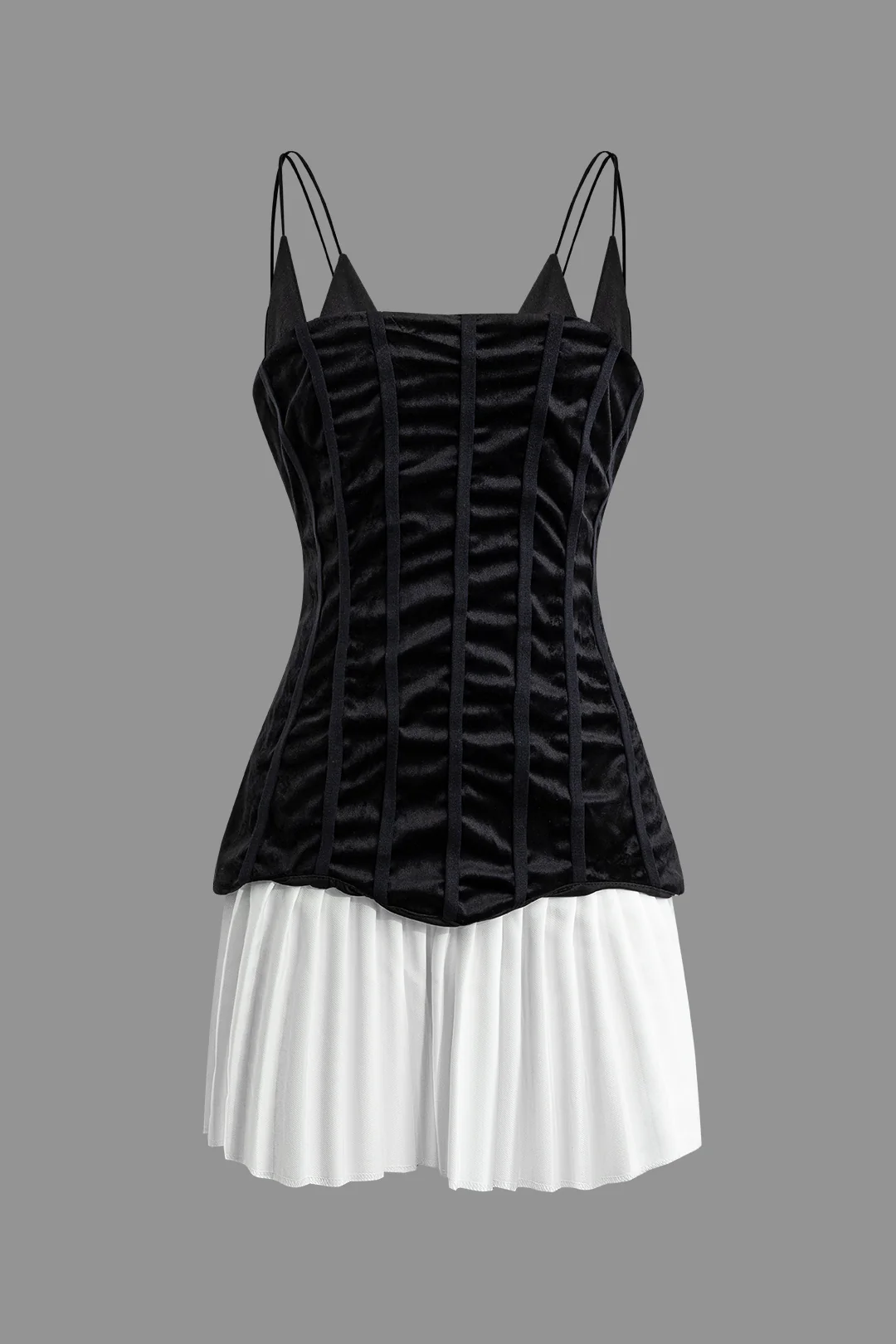 Velvet Patchwork Pleated Sleeveless Mini Dress - Weenar