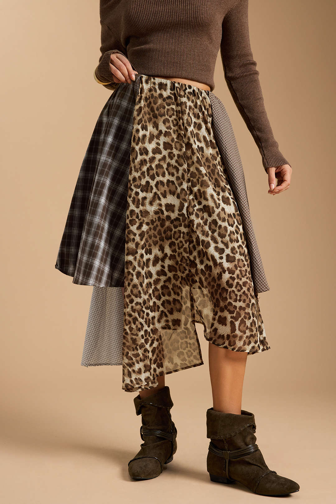 Plaid Leopard Print Patchwork Irregular Skirt - Weenar