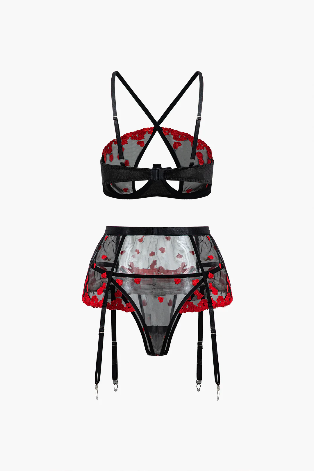 Embroidery Print Crossed Three-Pieces Lingerie Garter Set - Weenar