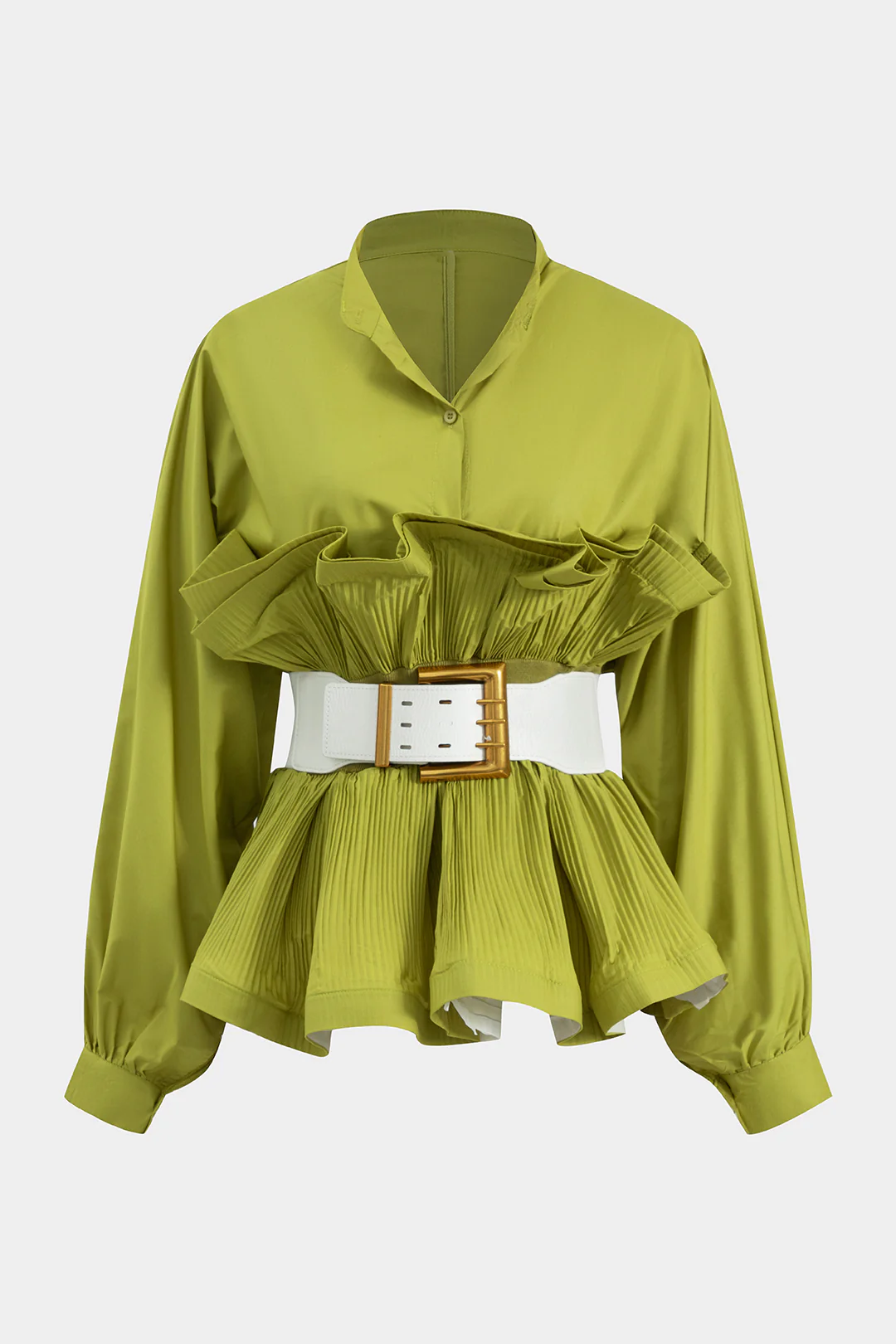 Pleated Ruffle Belted Long-Sleeve Shirt - Weenar