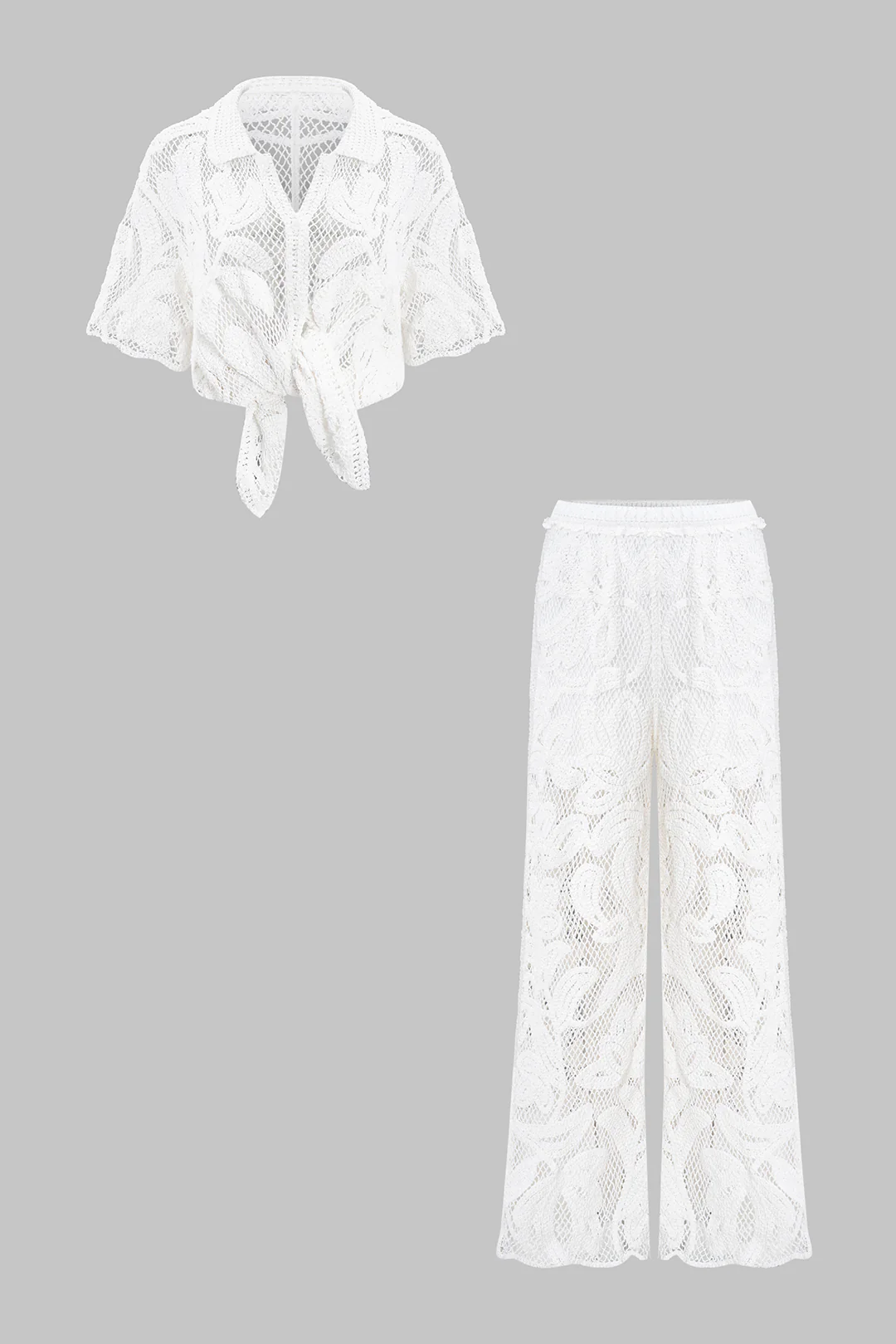 Knit Hollw Out V-Neck Short Sleeve Top And Wide Leg Pants Set - Weenar