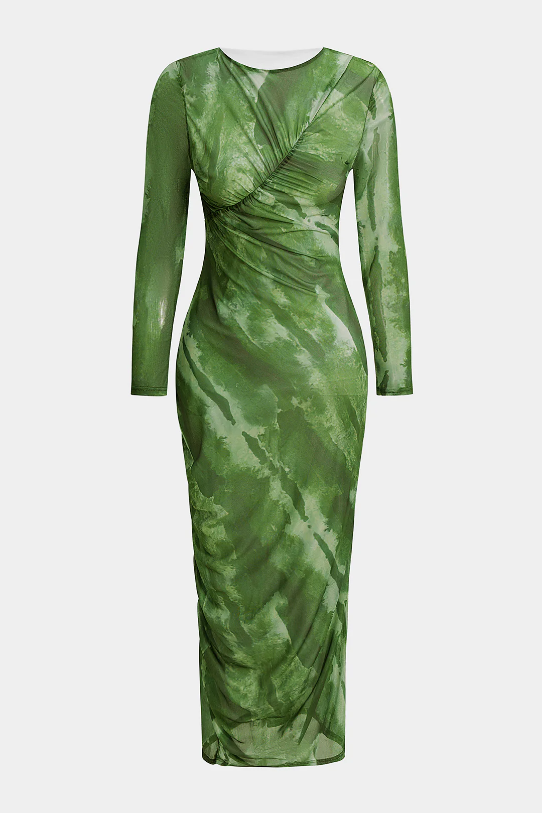 Tie Dye Print Mesh Round Neck Ruched Long Sleeve Midi Dress - Weenar