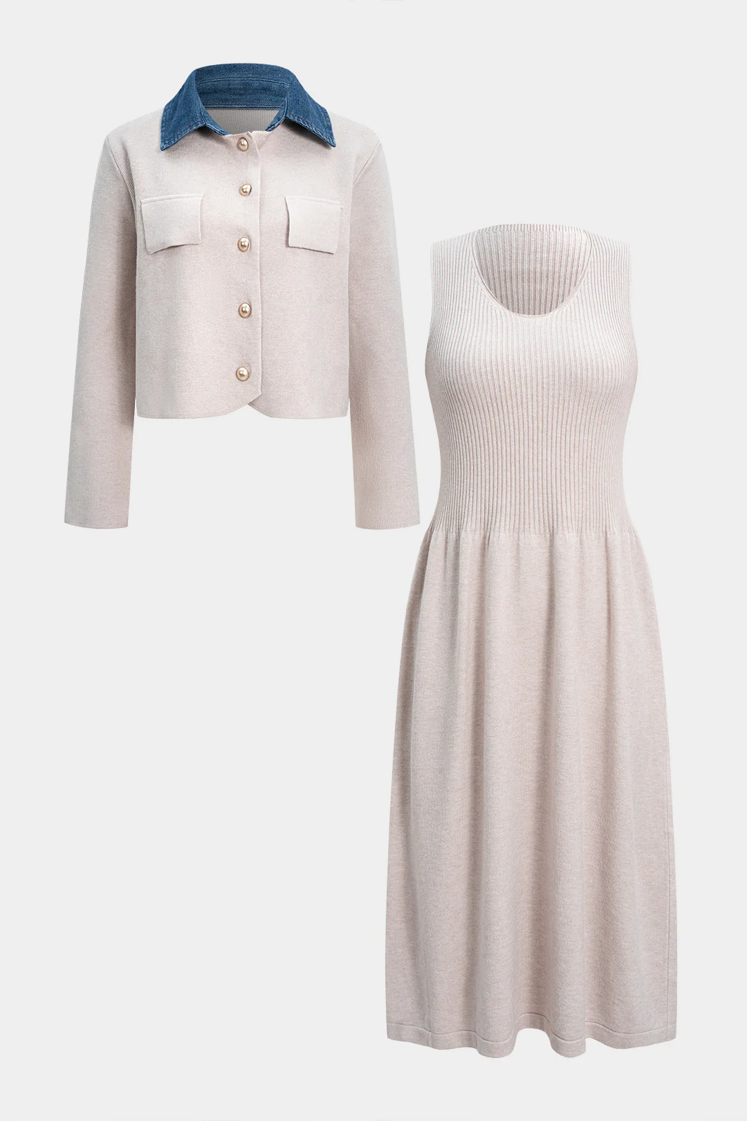 Knit Patchwork Button Cardigan And Ribbed Sleeveless Dress Set - Weenar