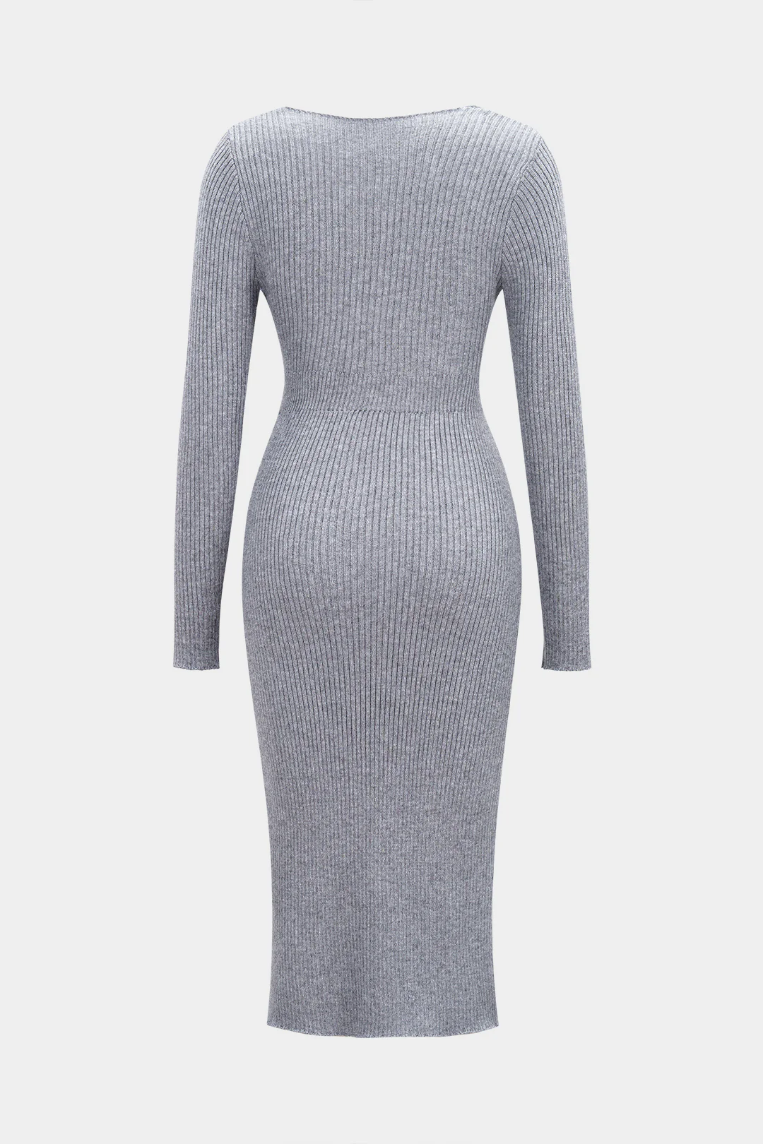 Knit Solid Button Waist Cinched Long Sleeve Dress - Weenar