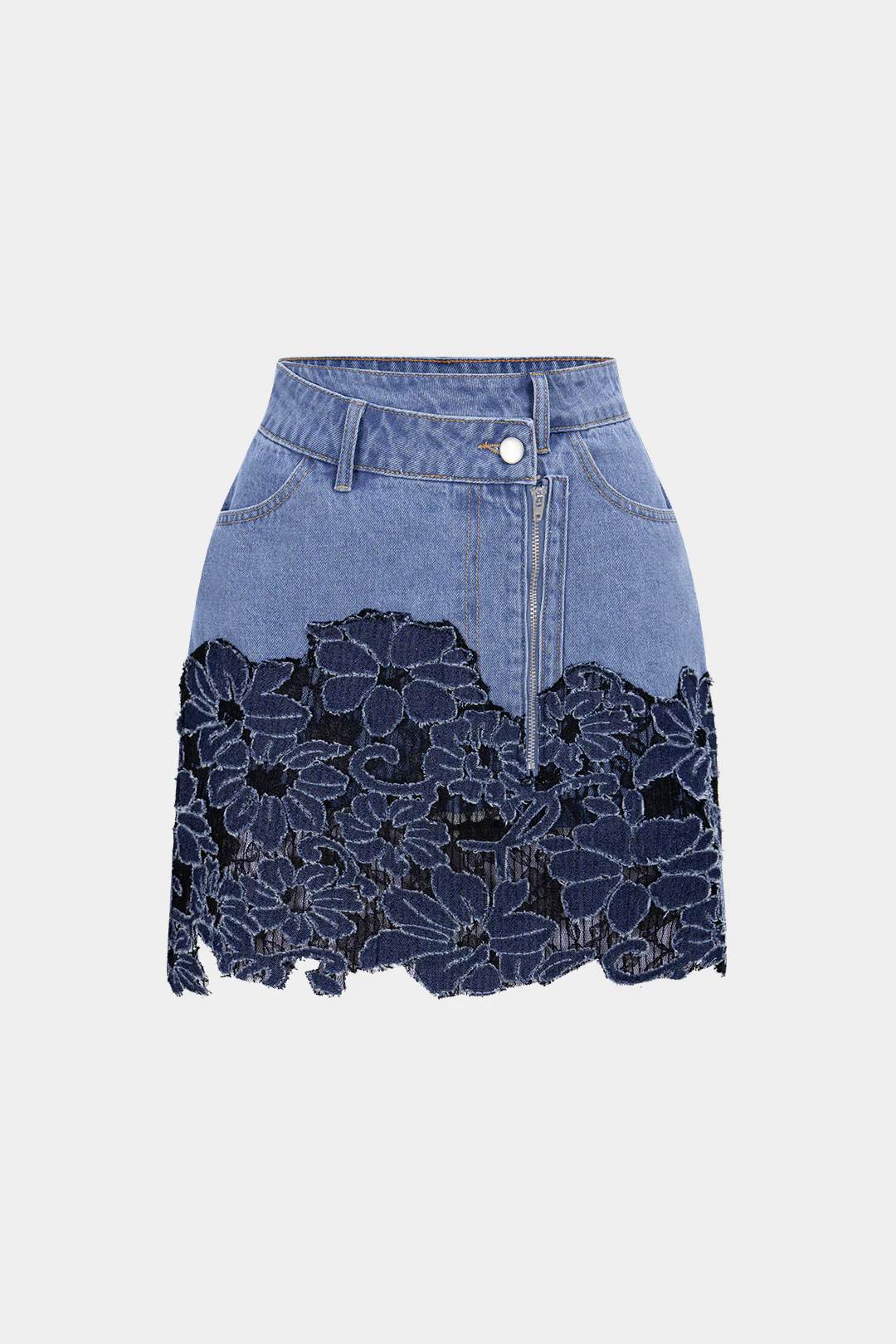 Denim Patchwork Asymmetrical Zipper Frayed Skirt - Weenar