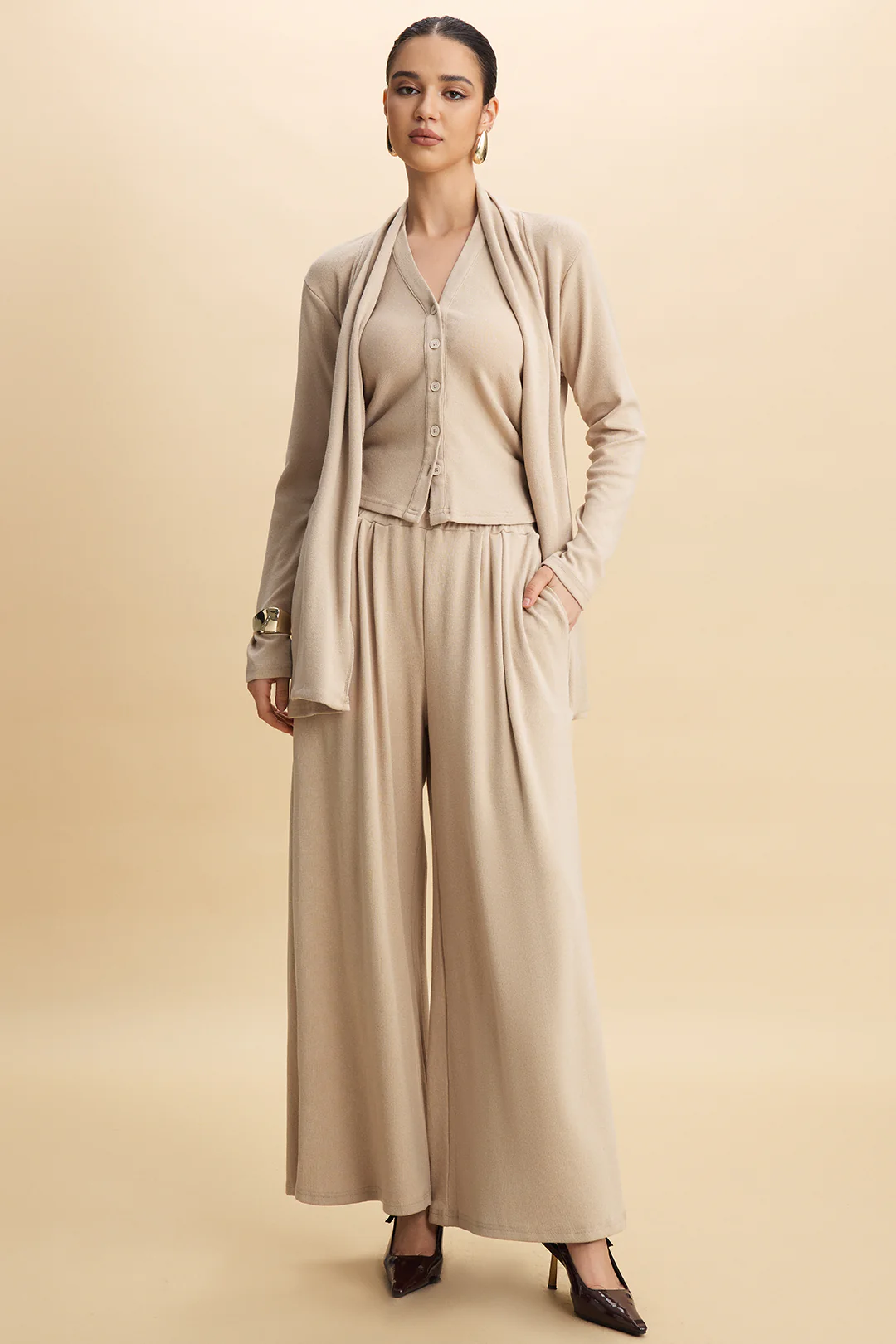Solid Long Cardigan And Halter Neck Ruched Cami Top And Wide Leg Trousers Set - Weenar