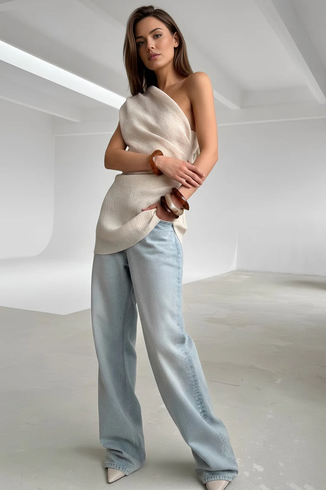 Knit One Shoulder Ruched Tank Top - Weenar
