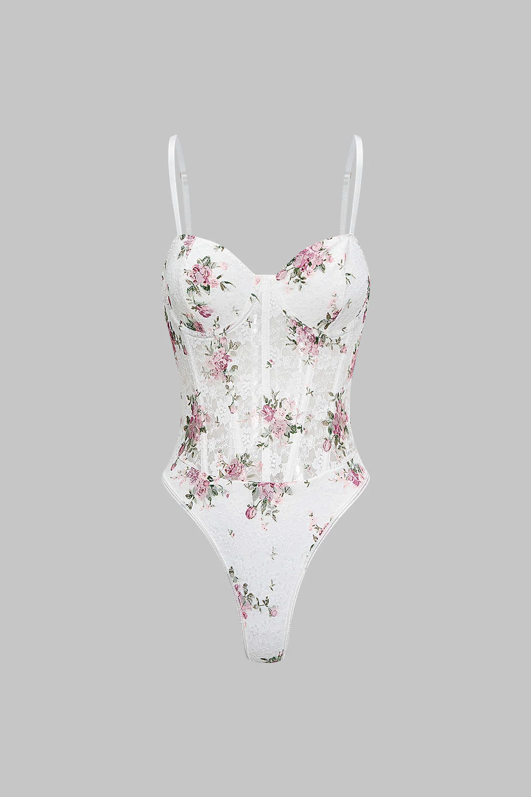 Floral Print Sheer Slip Underwire Sleeveless Bodysuit - Weenar