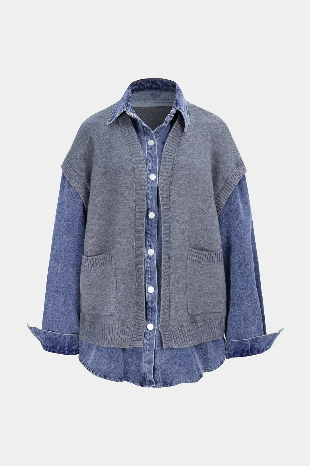 Denim Patchwork Knit Pocket Outerwear - Weenar