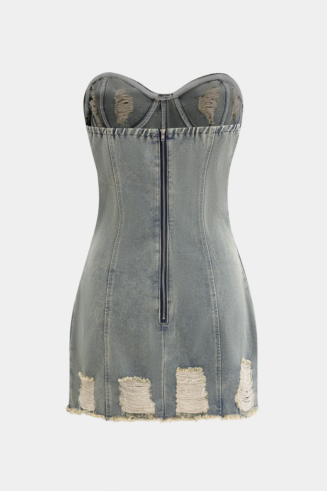 Denim Distressed Bustier Strapless Dress - Weenar