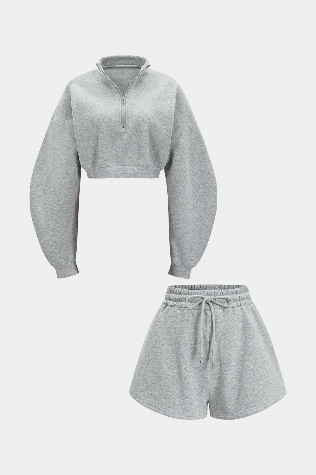 Solid Zipper Long Sleeve Cropped Sweater And Drawstring Wide Leg Shorts Set - Weenar