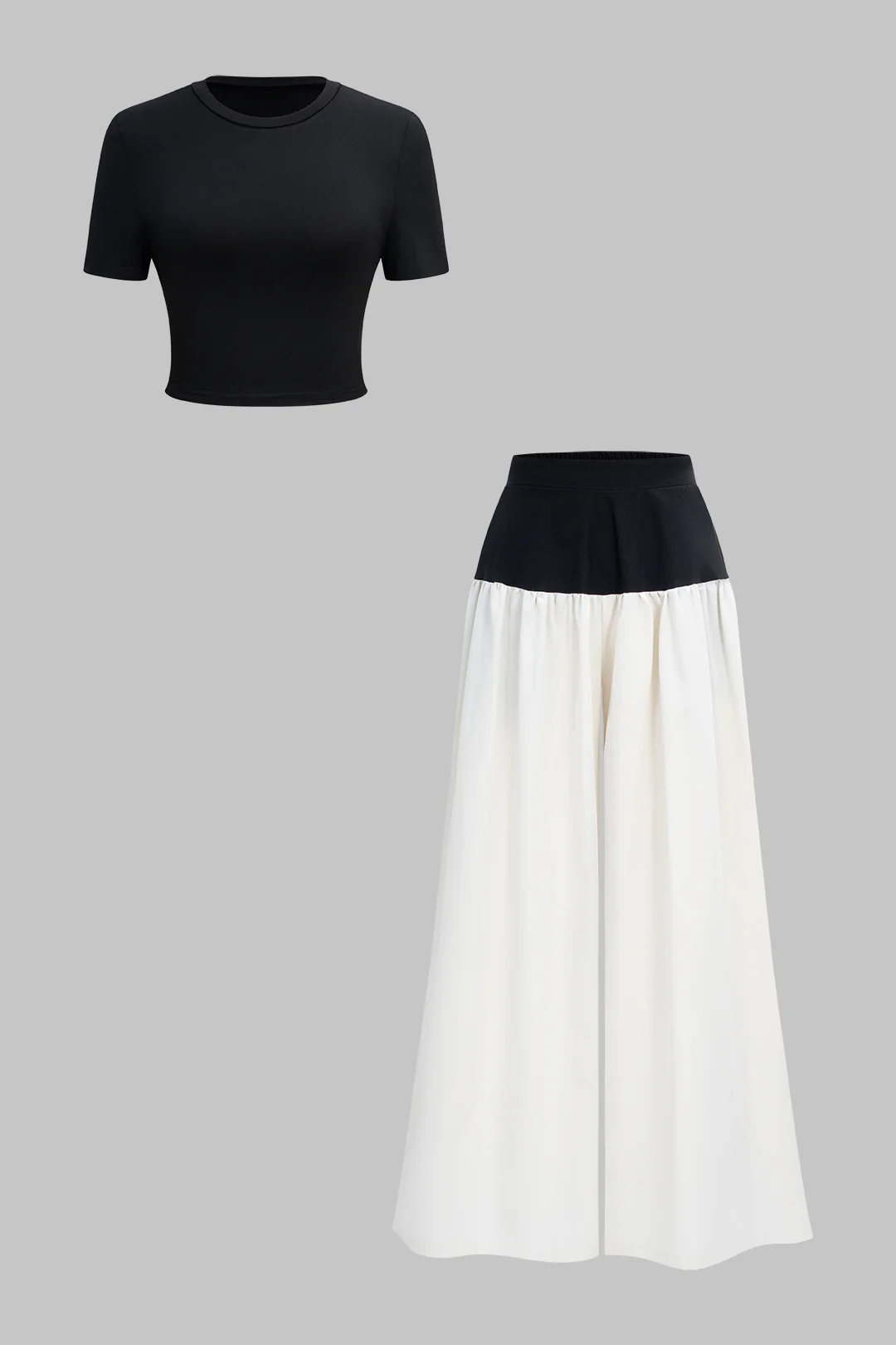 Solid Short-Sleeve T-Shirt And Contrast Ruched Wide Leg Trousers Set - Weenar