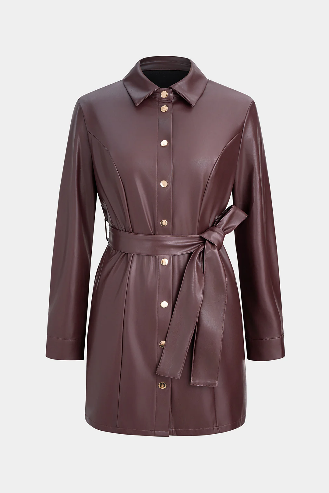 Faux Leather Belted Long Sleeve Mini Dress - Weenar