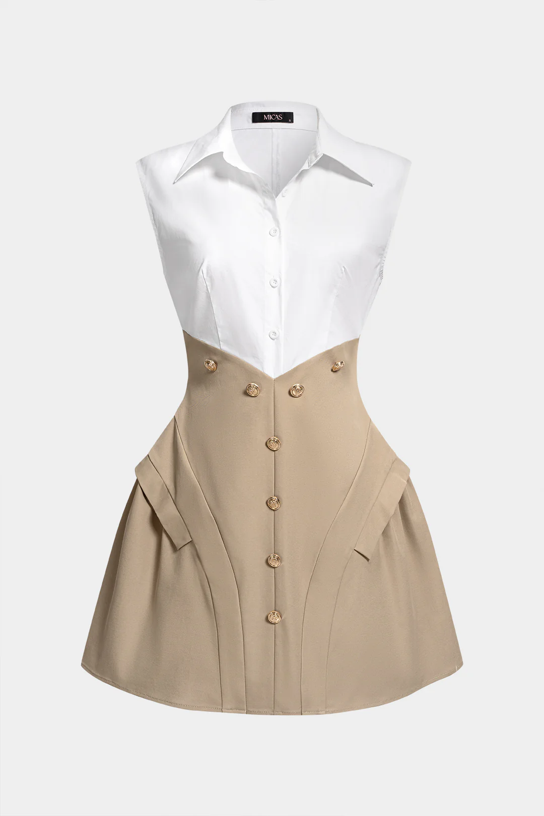 Contrast Lapel Button Sleeveless Mini Dress - Weenar