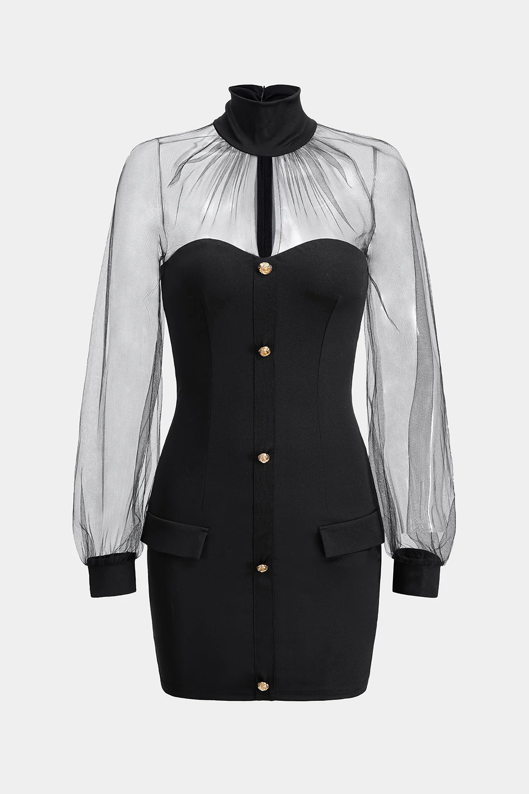 Mesh Patchwork High Neck Long Sleeve Mini Dress - Weenar