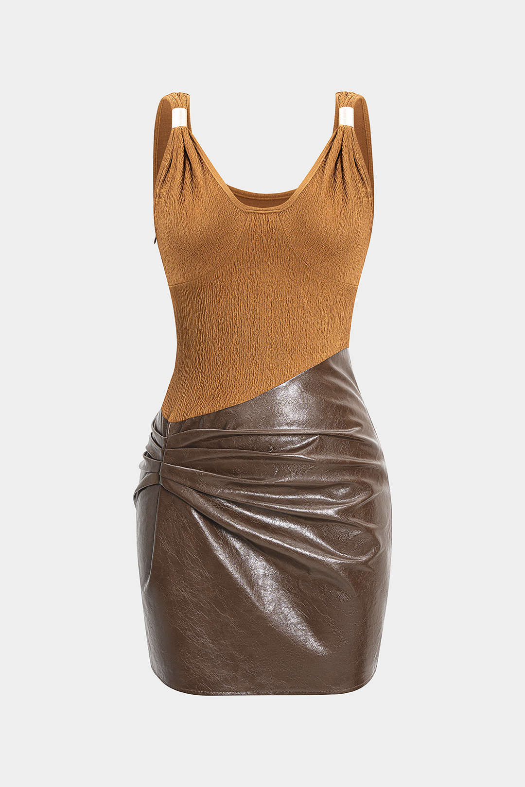 Faux Leather Jacquard Metallic Patchwork Ruched Sleeveless Midi Dress - Weenar