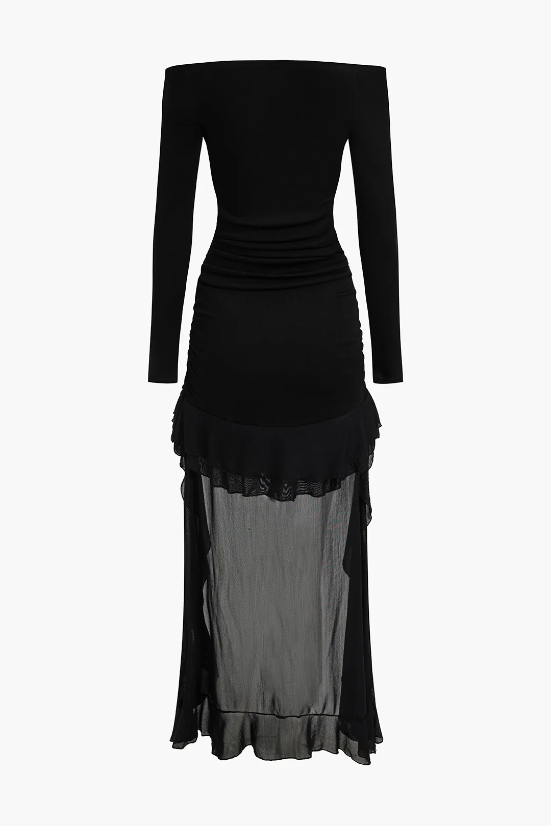 Off Shoulder Ruched Asymmetrical Ruffle Hem Long Sleeve Maxi Dress - Weenar