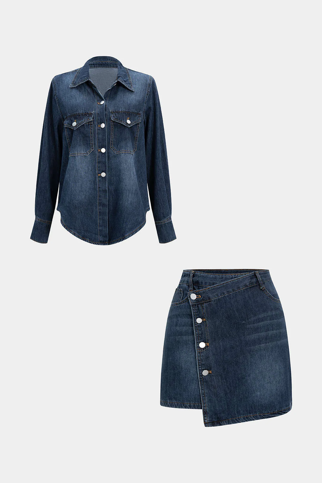 Denim Button Long-Sleeve Top And High Waist Mini Skirt Set - Weenar