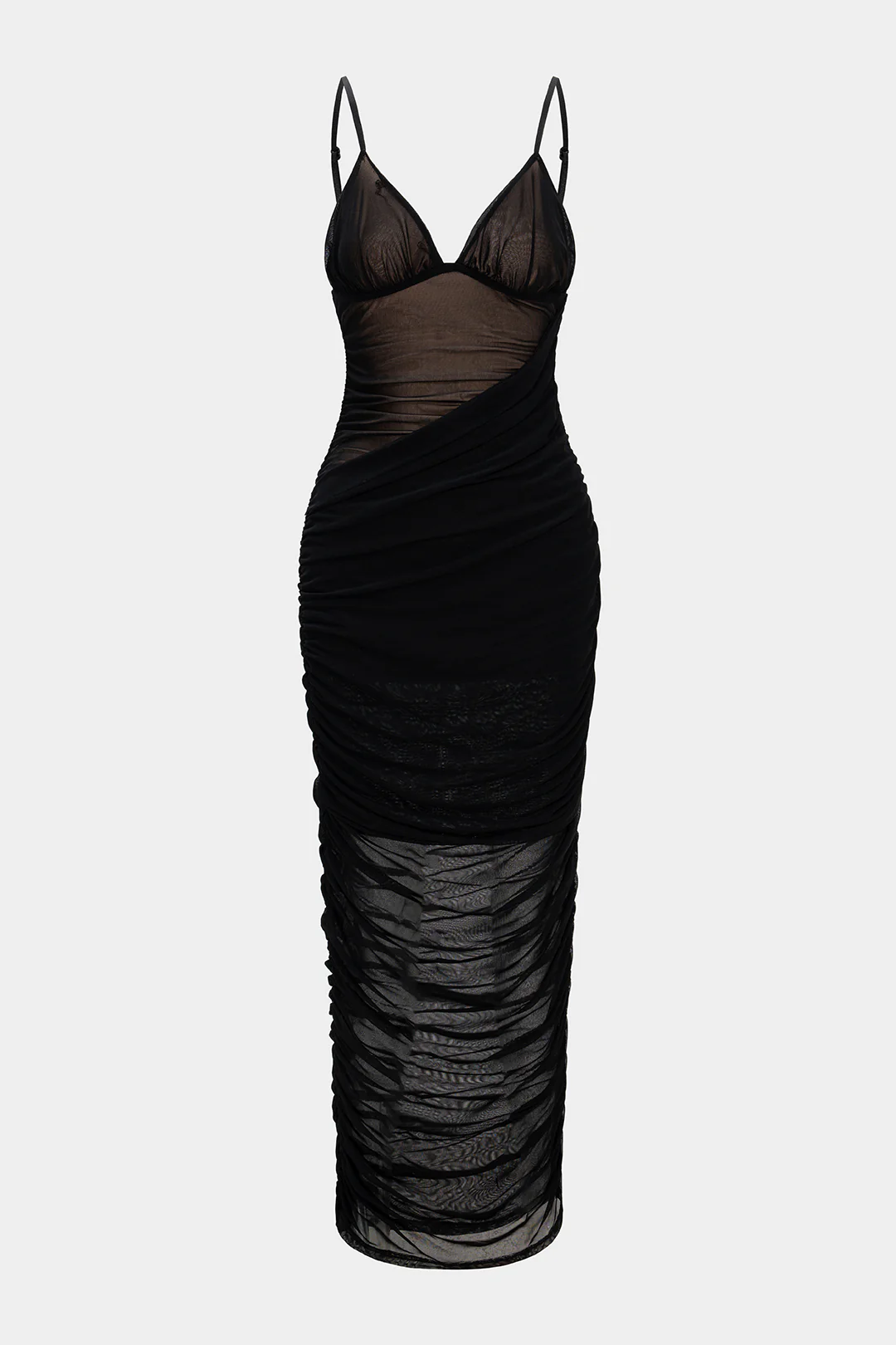Mesh V-Neck Backless Ruched Slip Sleeveless Midi Dress - Weenar
