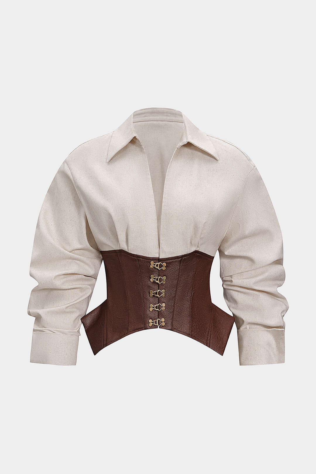Linen Patchwork Metallic Buckle Long-Sleeve Shirt - Weenar