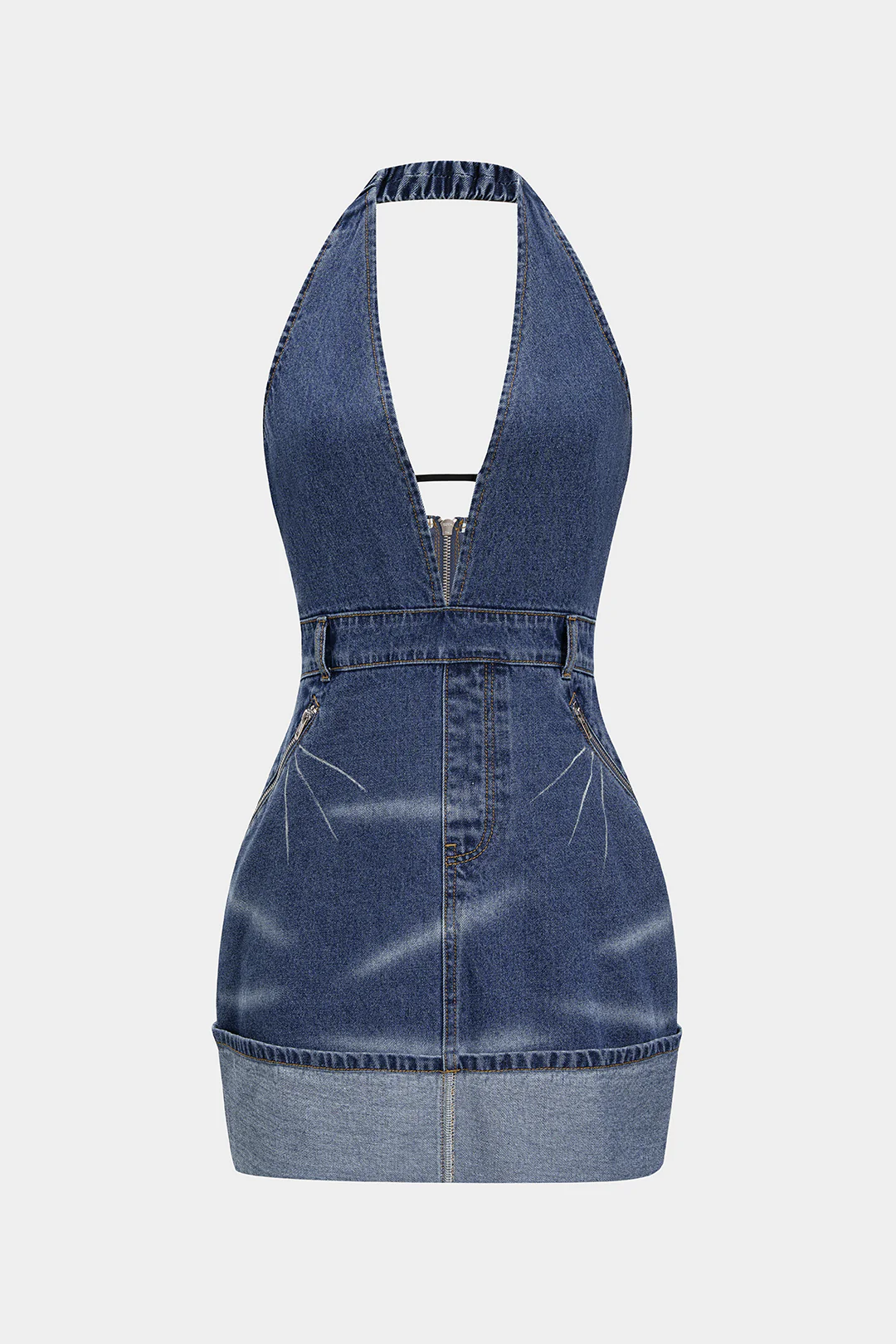 Denim Backless Washed Zipper Halter Mini Dress - Weenar