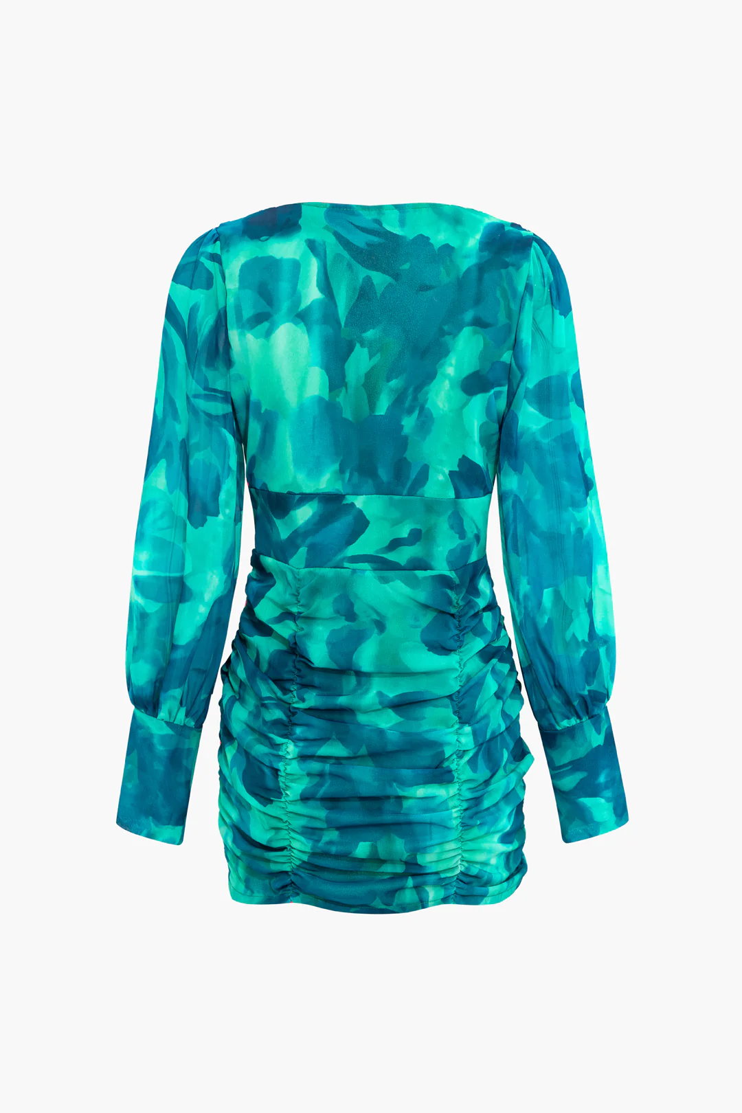 Abstract Print  V-Neck Ruched Long Sleeve Mini Dress - Weenar