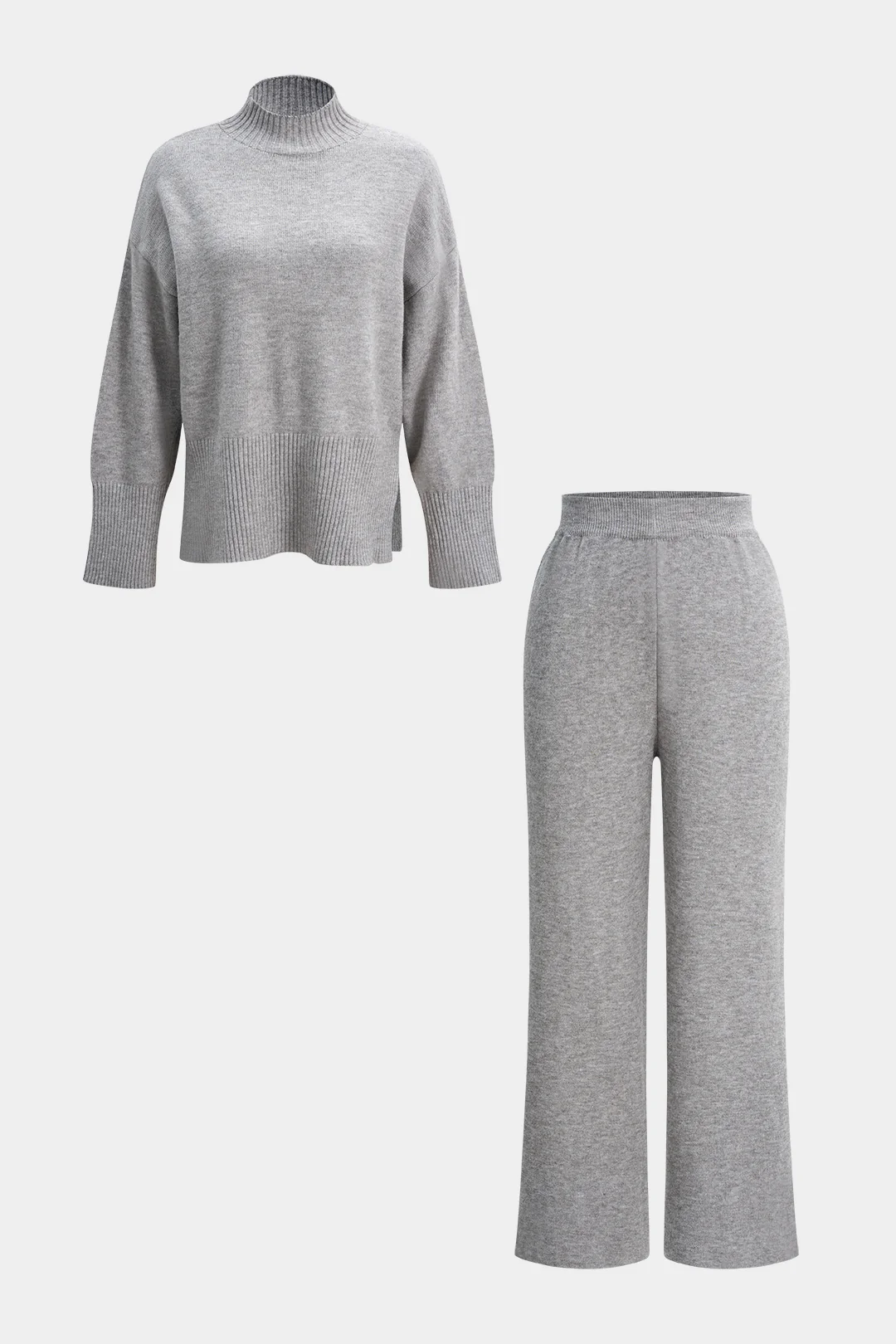 Knit Mock Neck Side Slit Long-Sleeve Top And Wide Leg Pants - Weenar