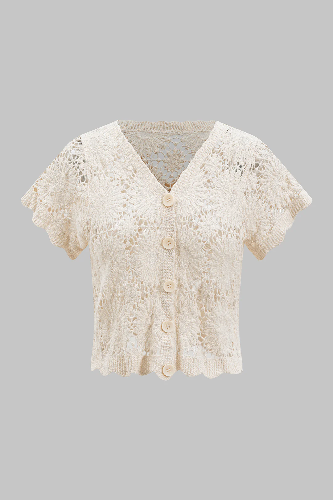 Knit V-Neck Hollow-Out Short-Sleeve Top - Weenar