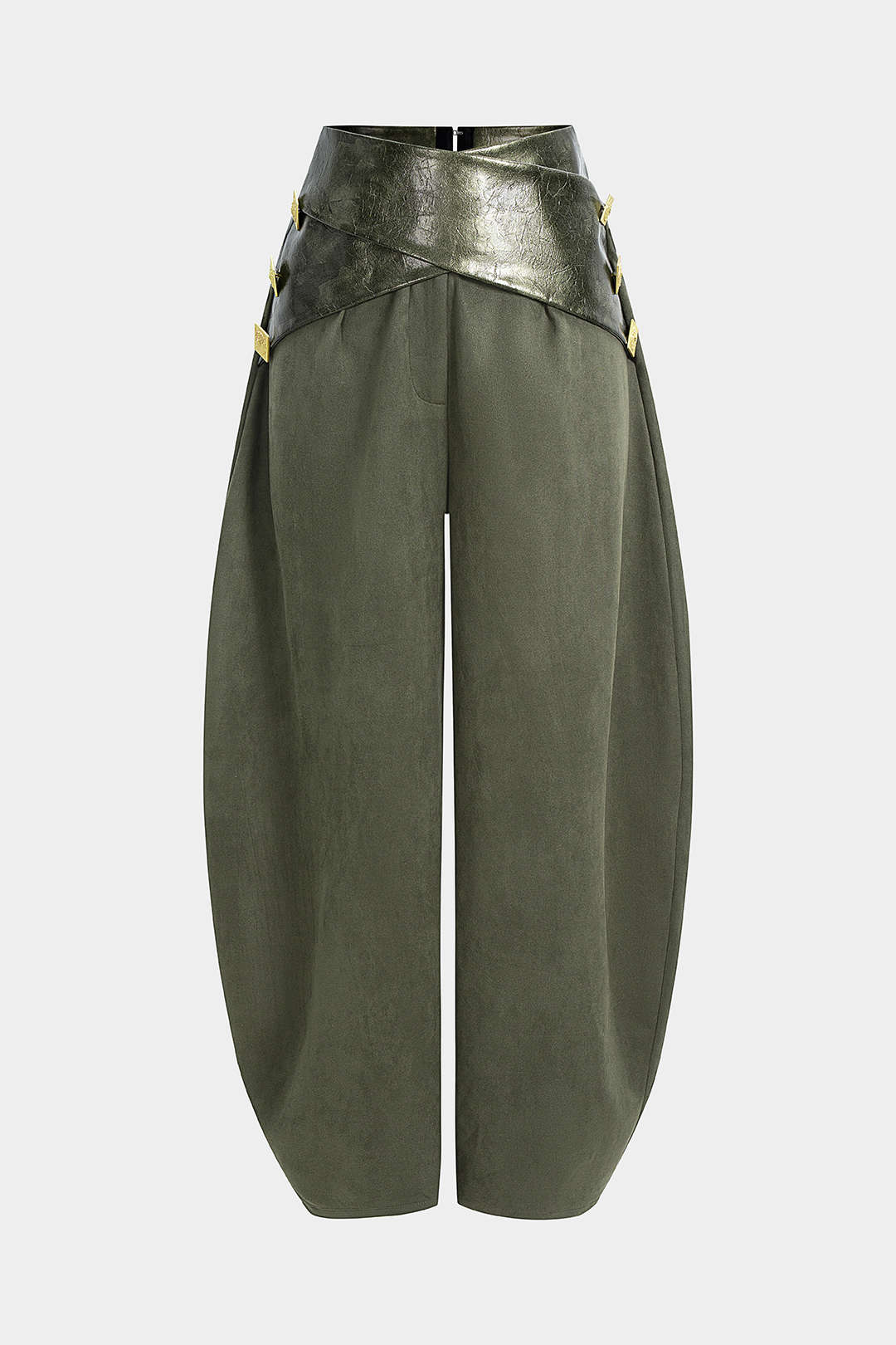 Faux Leather Patchwork Suede Metallic Decor High Waist Pants - Weenar
