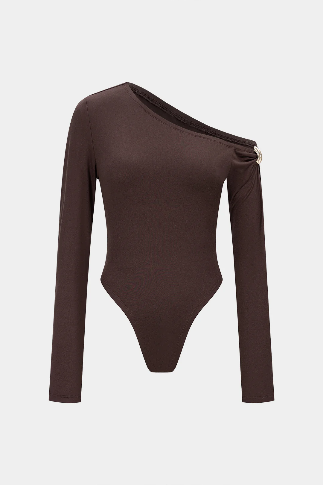 Solid Metallic Decor One Shoulder Long Sleeve Bodysuit - Weenar