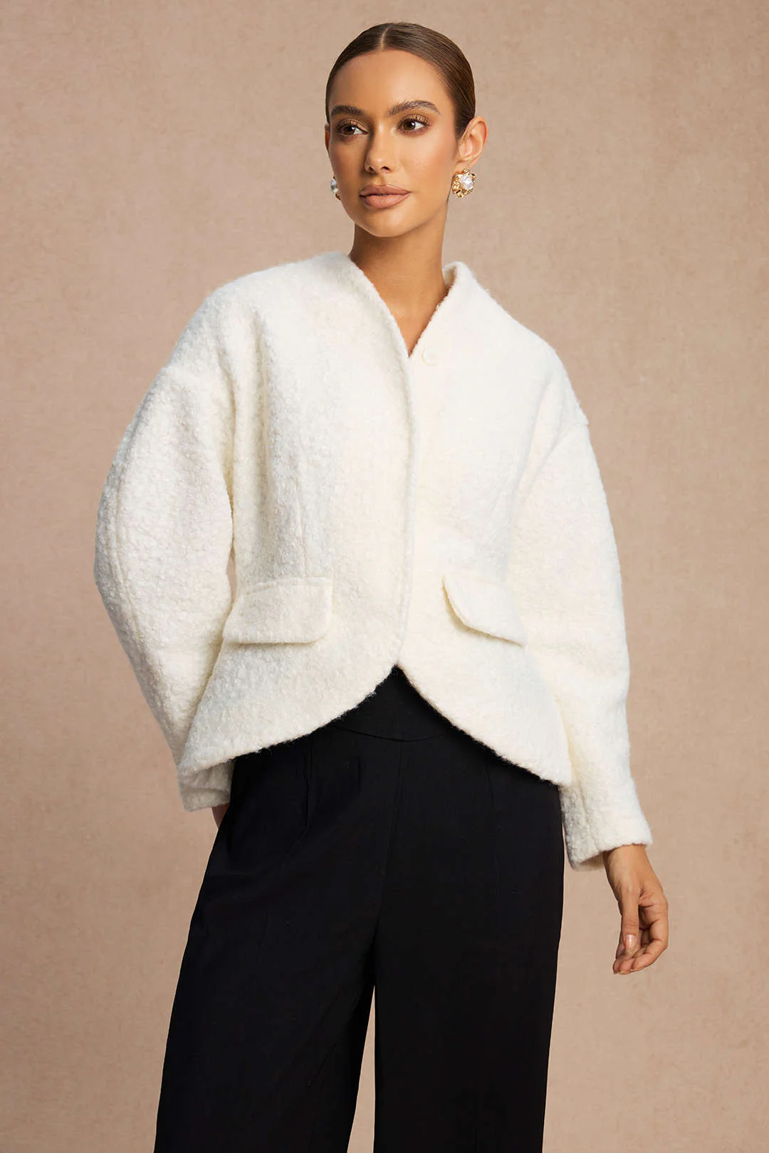 Woolen Fake Pockets Cropped Jacket - Weenar