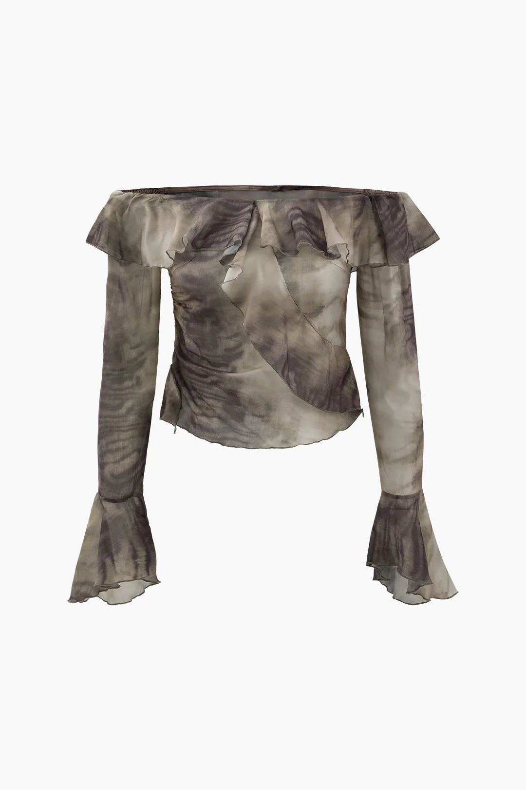 Chiffon Contrast Print Off Shoulder Ruffle Long-Sleeve Shirt - Weenar